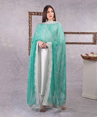 Sea Green Leheriya Kashmiri Tilla Embroidered Dupatta With Kurta Set 1