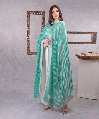 Sea Green Leheriya Kashmiri Tilla Embroidered Dupatta With Kurta Set 3