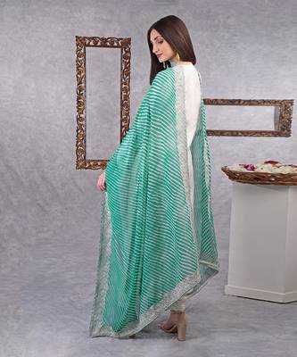 Sea Green Leheriya Kashmiri Tilla Embroidered Dupatta With Kurta Set 5