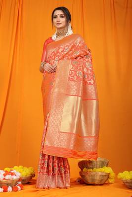 ORANGE BANARASI SILK SAREE WITH WEAVING WORK  1