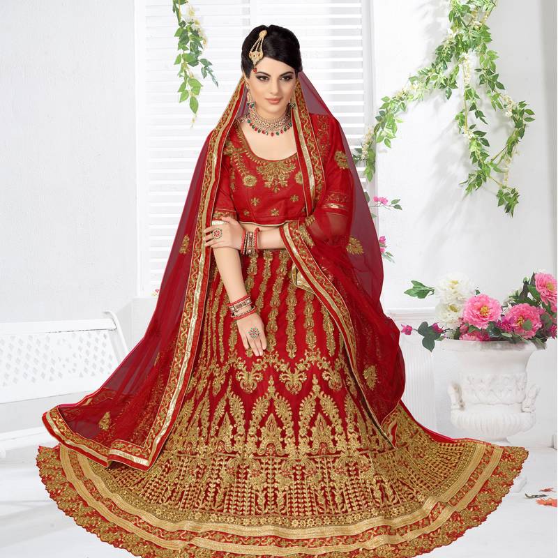 Trendmalls Red  Net Embroidery Wedding, Party Wear Semi-stitched Latest Lehenga Choli With Dupatta
