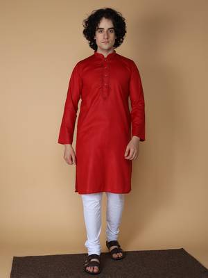 MAAHI FABS Red plain blended cotton kurta pajama 1