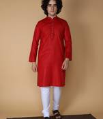 MAAHI FABS Red plain blended cotton kurta pajama
