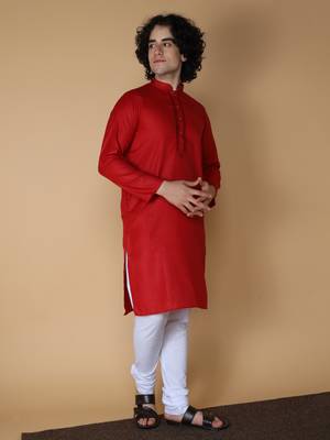 MAAHI FABS Red plain blended cotton kurta pajama 3