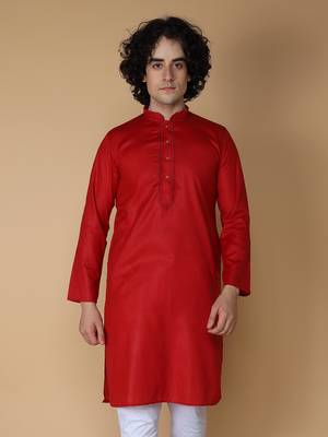 MAAHI FABS Red plain blended cotton kurta pajama 5