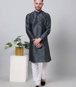 Blue printed art silk men-kurtas
