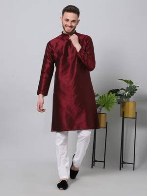 Red printed art silk men-kurtas 1
