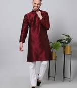 Red printed art silk men-kurtas