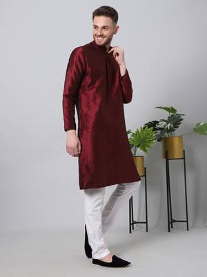 Red printed art silk men-kurtas 3