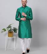 Green printed art silk men-kurtas