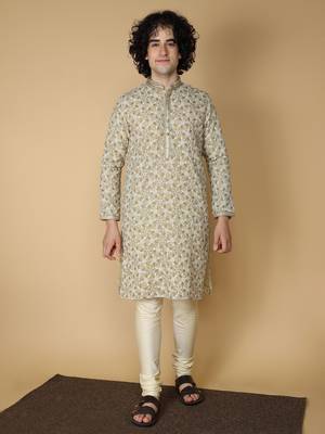 MAAHI FABS Beige embroidered blended cotton kurta pajama 1