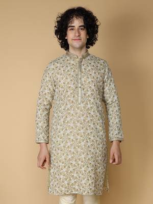 MAAHI FABS Beige embroidered blended cotton kurta pajama 4