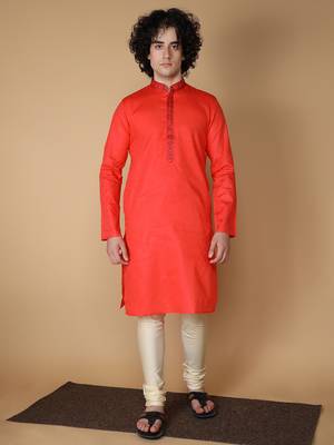 MAAHI FABS Red plain blended cotton kurta pajama 1