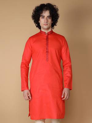 MAAHI FABS Red plain blended cotton kurta pajama 4