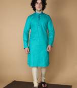 MAAHI FABS Blue plain blended cotton kurta pajama