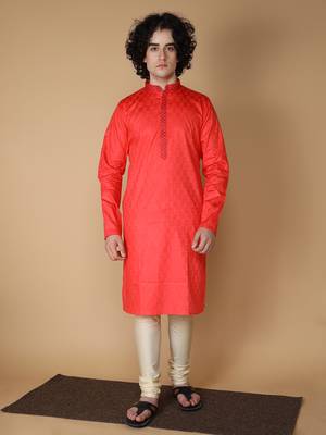 MAAHI FABS Red plain blended cotton kurta pajama 1