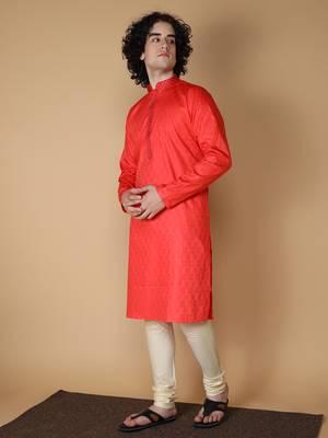MAAHI FABS Red plain blended cotton kurta pajama 3