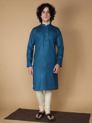 MAAHI FABS Blue plain blended cotton kurta pajama 1