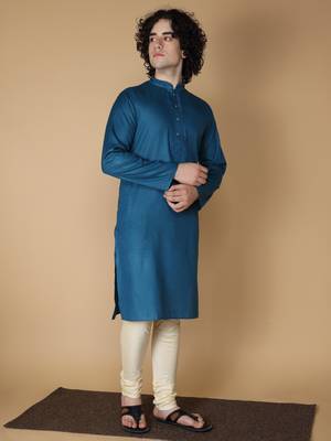 MAAHI FABS Blue plain blended cotton kurta pajama 3