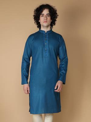 MAAHI FABS Blue plain blended cotton kurta pajama 4
