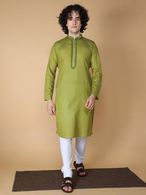 MAAHI FABS Green plain blended cotton kurta pajama 1