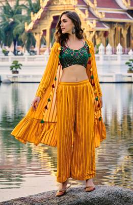 YELLOW & GREEN EMBROIDERED WORK GEORGETTE LONG SHRUG BLOUSE & PLAZZO STITCHED 1
