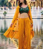 YELLOW & GREEN EMBROIDERED WORK GEORGETTE LONG SHRUG BLOUSE & PLAZZO STITCHED