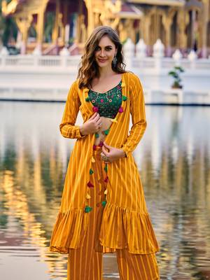 YELLOW & GREEN EMBROIDERED WORK GEORGETTE LONG SHRUG BLOUSE & PLAZZO STITCHED 2