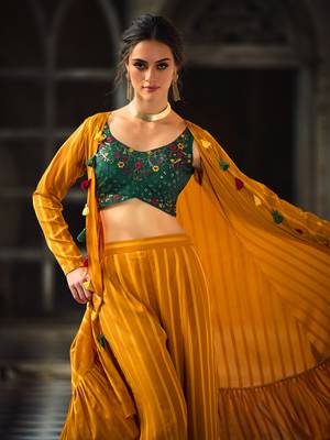 YELLOW & GREEN EMBROIDERED WORK GEORGETTE LONG SHRUG BLOUSE & PLAZZO STITCHED 3