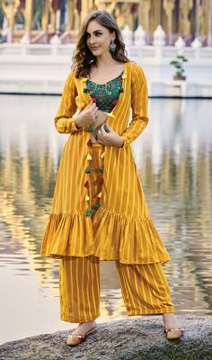 YELLOW & GREEN EMBROIDERED WORK GEORGETTE LONG SHRUG BLOUSE & PLAZZO STITCHED 4