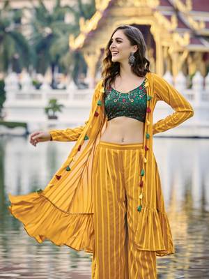 YELLOW & GREEN EMBROIDERED WORK GEORGETTE LONG SHRUG BLOUSE & PLAZZO STITCHED 5