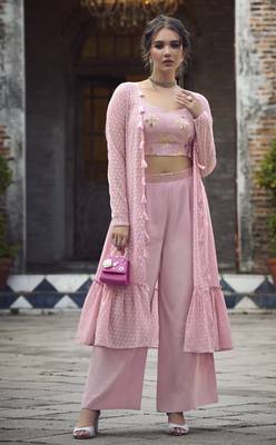 DUSTY PINK EMBROIDERED WORK GEORGETTE LONG SHRUG BLOUSE & PLAZZO STITCHED 1