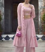 DUSTY PINK EMBROIDERED WORK GEORGETTE LONG SHRUG BLOUSE & PLAZZO STITCHED
