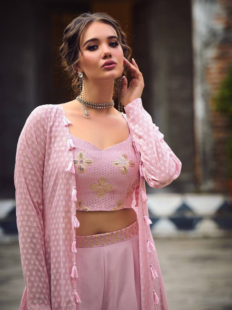 DUSTY PINK EMBROIDERED WORK GEORGETTE LONG SHRUG BLOUSE & PLAZZO STITCHED