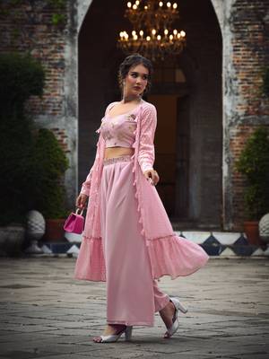 DUSTY PINK EMBROIDERED WORK GEORGETTE LONG SHRUG BLOUSE & PLAZZO STITCHED 3
