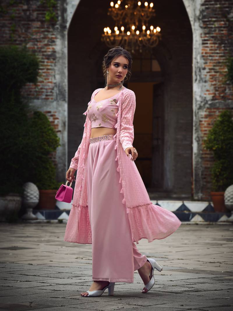 DUSTY PINK EMBROIDERED WORK GEORGETTE LONG SHRUG BLOUSE & PLAZZO STITCHED