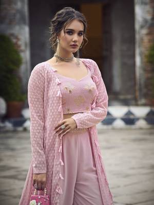 DUSTY PINK EMBROIDERED WORK GEORGETTE LONG SHRUG BLOUSE & PLAZZO STITCHED 4