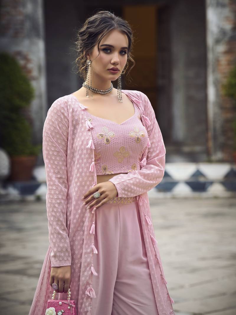 DUSTY PINK EMBROIDERED WORK GEORGETTE LONG SHRUG BLOUSE & PLAZZO STITCHED