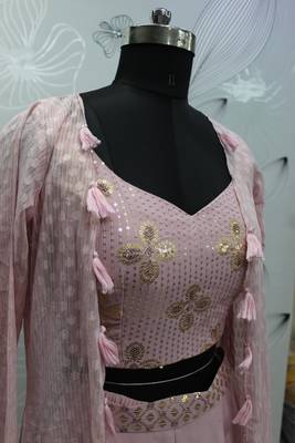 DUSTY PINK EMBROIDERED WORK GEORGETTE LONG SHRUG BLOUSE & PLAZZO STITCHED 5