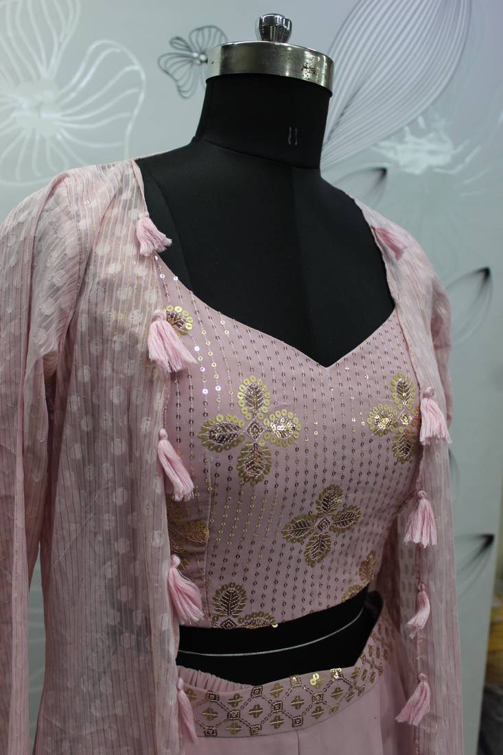 DUSTY PINK EMBROIDERED WORK GEORGETTE LONG SHRUG BLOUSE & PLAZZO STITCHED