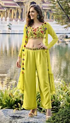 FLORESCENCE EMBROIDERED WORK GEORGETTE LONG SHRUG BLOUSE & PLAZZO STITCHED 1