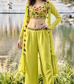 FLORESCENCE EMBROIDERED WORK GEORGETTE LONG SHRUG BLOUSE & PLAZZO STITCHED