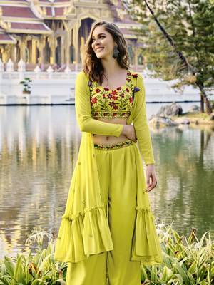 FLORESCENCE EMBROIDERED WORK GEORGETTE LONG SHRUG BLOUSE & PLAZZO STITCHED 2