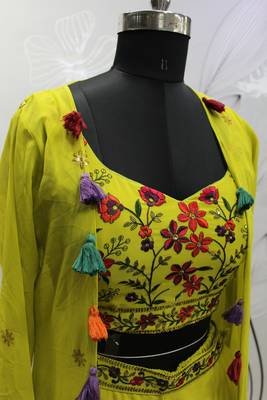 FLORESCENCE EMBROIDERED WORK GEORGETTE LONG SHRUG BLOUSE & PLAZZO STITCHED 4