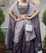 PURPEL EMBROIDERED WORK CHINON LONG SHRUG BLOUSE & PLAZZO STITCHED