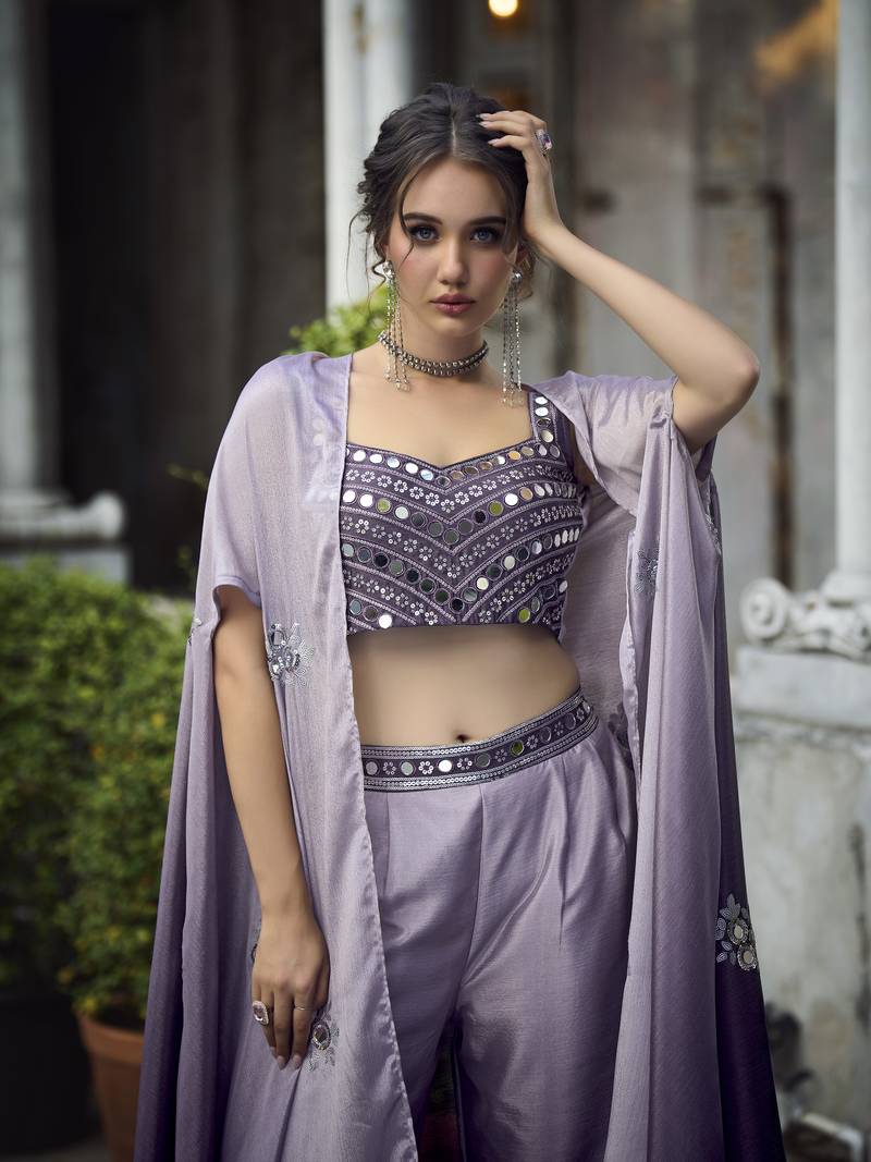 PURPEL EMBROIDERED WORK CHINON LONG SHRUG BLOUSE & PLAZZO STITCHED