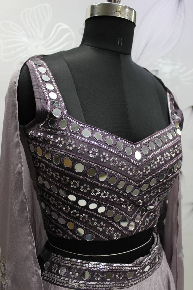 PURPEL EMBROIDERED WORK CHINON LONG SHRUG BLOUSE & PLAZZO STITCHED