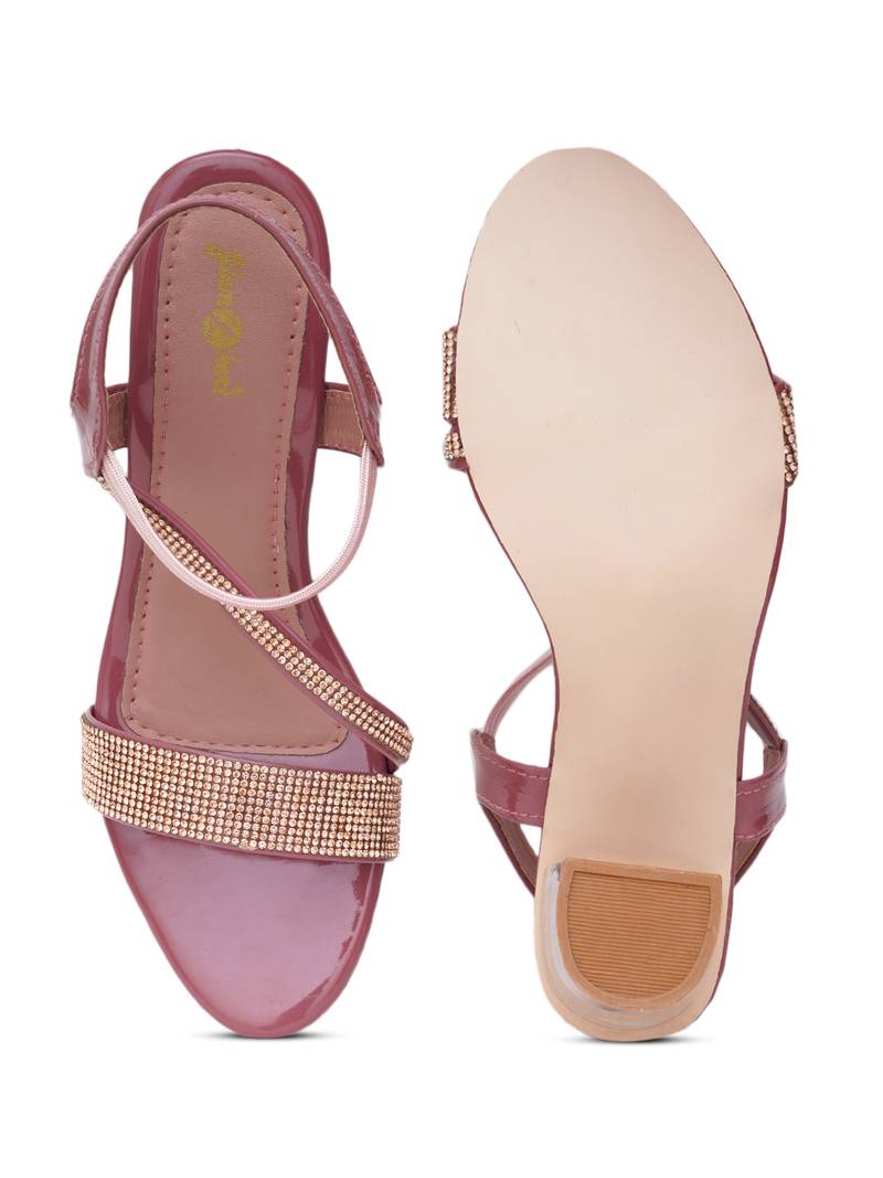 GlamZkart Women Rose-Gold Color Stone Mounted Design Heel Sandal