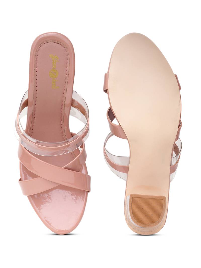 GlamZkart Women Rose-Gold Color Cross Transparent Design Heel Sandal