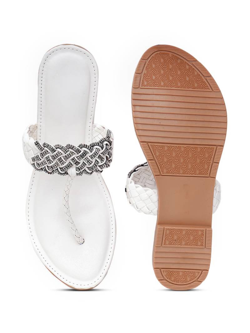 GlamZkart Women White Color White Stone Work Flats Sandal